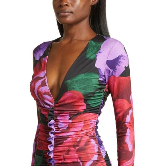 AFRM Phillipa Dress Floral Print Long Sleeve Ruched Bodycon Mini NWT M - Picture 3 of 12